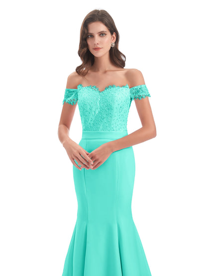 Carlee Hourglass Court Train Off The Shoulder Lace Bridesmaid Dresses