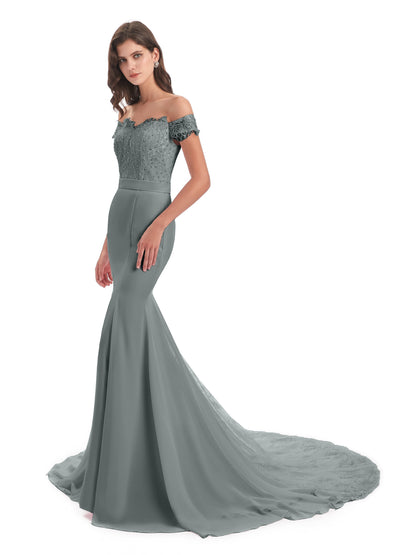 Carlee Hourglass Court Train Off The Shoulder Lace Bridesmaid Dresses