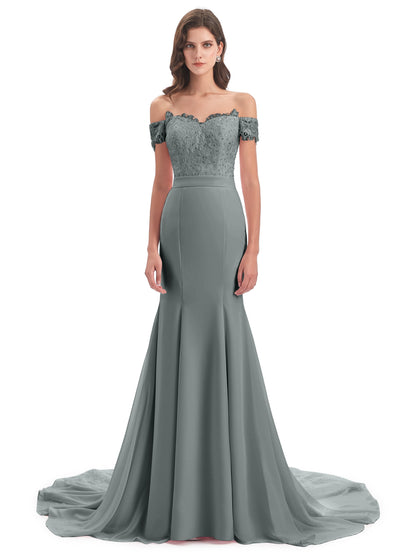 Carlee Hourglass Court Train Off The Shoulder Lace Bridesmaid Dresses
