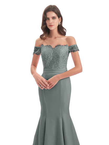 Carlee Hourglass Court Train Off The Shoulder Lace Bridesmaid Dresses