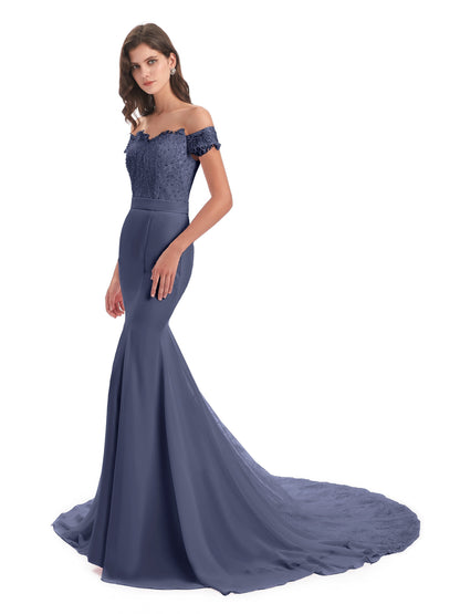 Carlee Hourglass Court Train Off The Shoulder Lace Bridesmaid Dresses