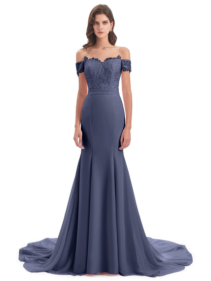 Carlee Hourglass Court Train Off The Shoulder Lace Bridesmaid Dresses
