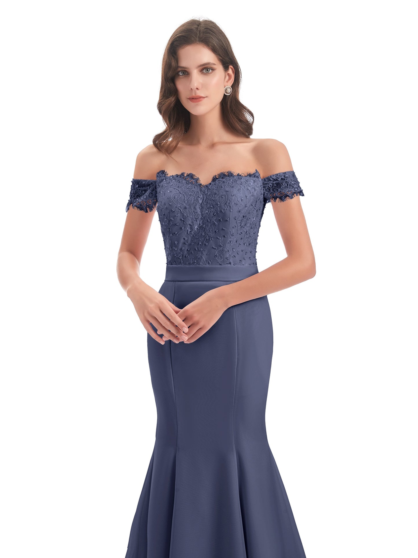 Carlee Hourglass Court Train Off The Shoulder Lace Bridesmaid Dresses