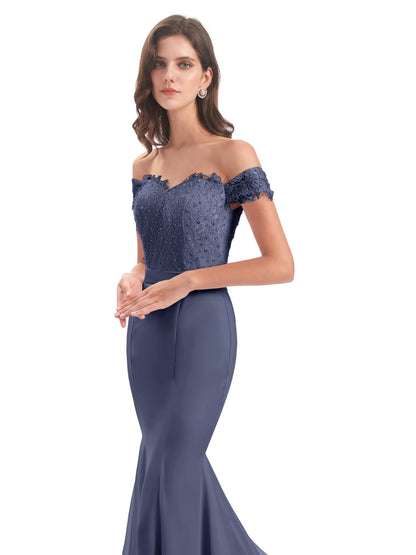 Carlee Hourglass Court Train Off The Shoulder Lace Bridesmaid Dresses
