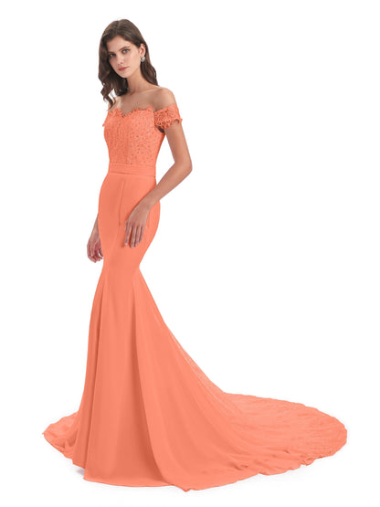 Carlee Hourglass Court Train Off The Shoulder Lace Bridesmaid Dresses