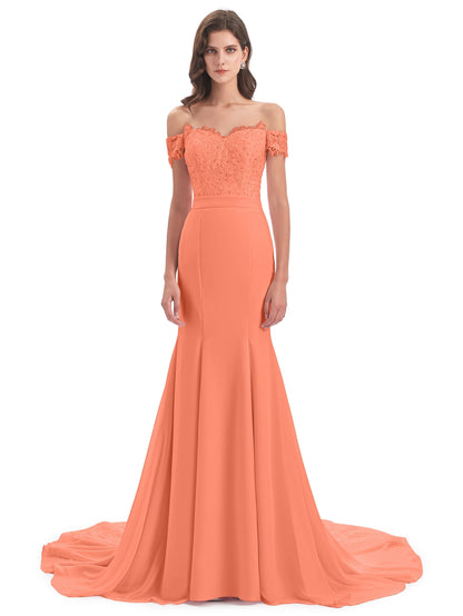 Carlee Hourglass Court Train Off The Shoulder Lace Bridesmaid Dresses