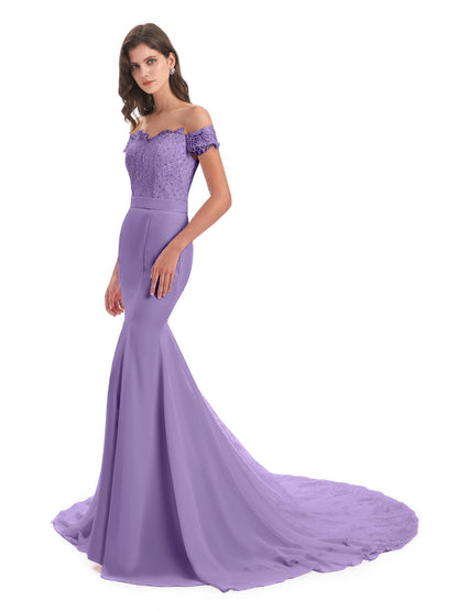 Carlee Hourglass Court Train Off The Shoulder Lace Bridesmaid Dresses