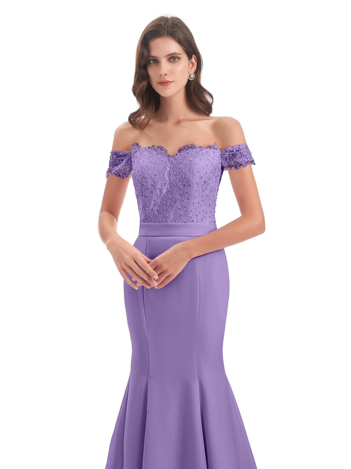 Carlee Hourglass Court Train Off The Shoulder Lace Bridesmaid Dresses