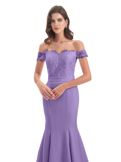 Carlee Hourglass Court Train Off The Shoulder Lace Bridesmaid Dresses