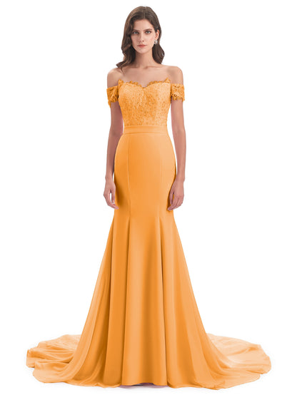 Carlee Hourglass Court Train Off The Shoulder Lace Bridesmaid Dresses