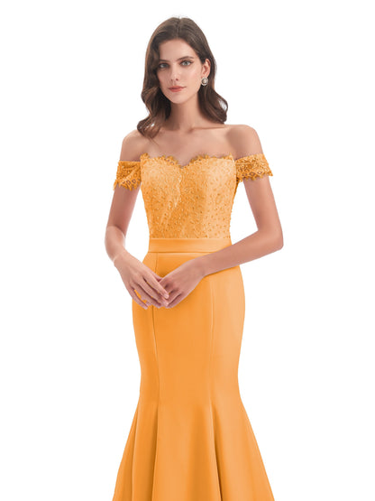 Carlee Hourglass Court Train Off The Shoulder Lace Bridesmaid Dresses