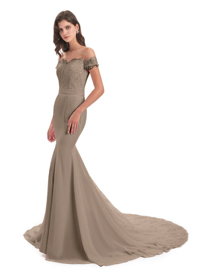 Carlee Hourglass Court Train Off The Shoulder Lace Bridesmaid Dresses