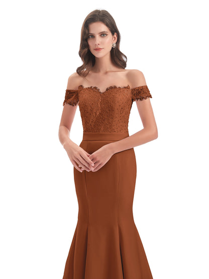 Carlee Hourglass Court Train Off The Shoulder Lace Bridesmaid Dresses