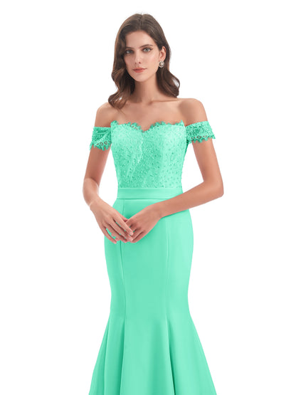 Carlee Hourglass Court Train Off The Shoulder Lace Bridesmaid Dresses