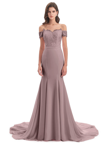 Carlee Hourglass Court Train Off The Shoulder Lace Bridesmaid Dresses