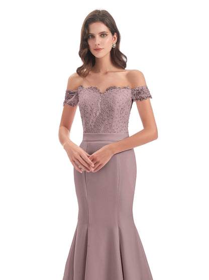 Carlee Hourglass Court Train Off The Shoulder Lace Bridesmaid Dresses