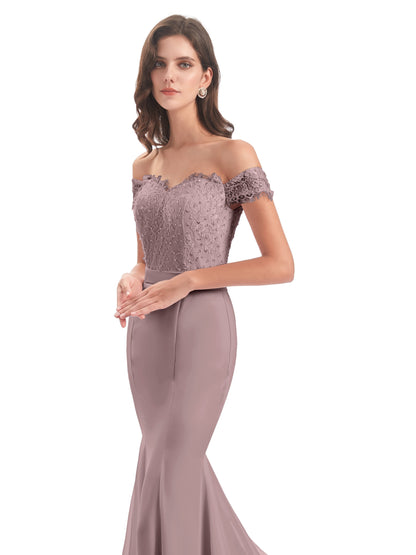 Carlee Hourglass Court Train Off The Shoulder Lace Bridesmaid Dresses