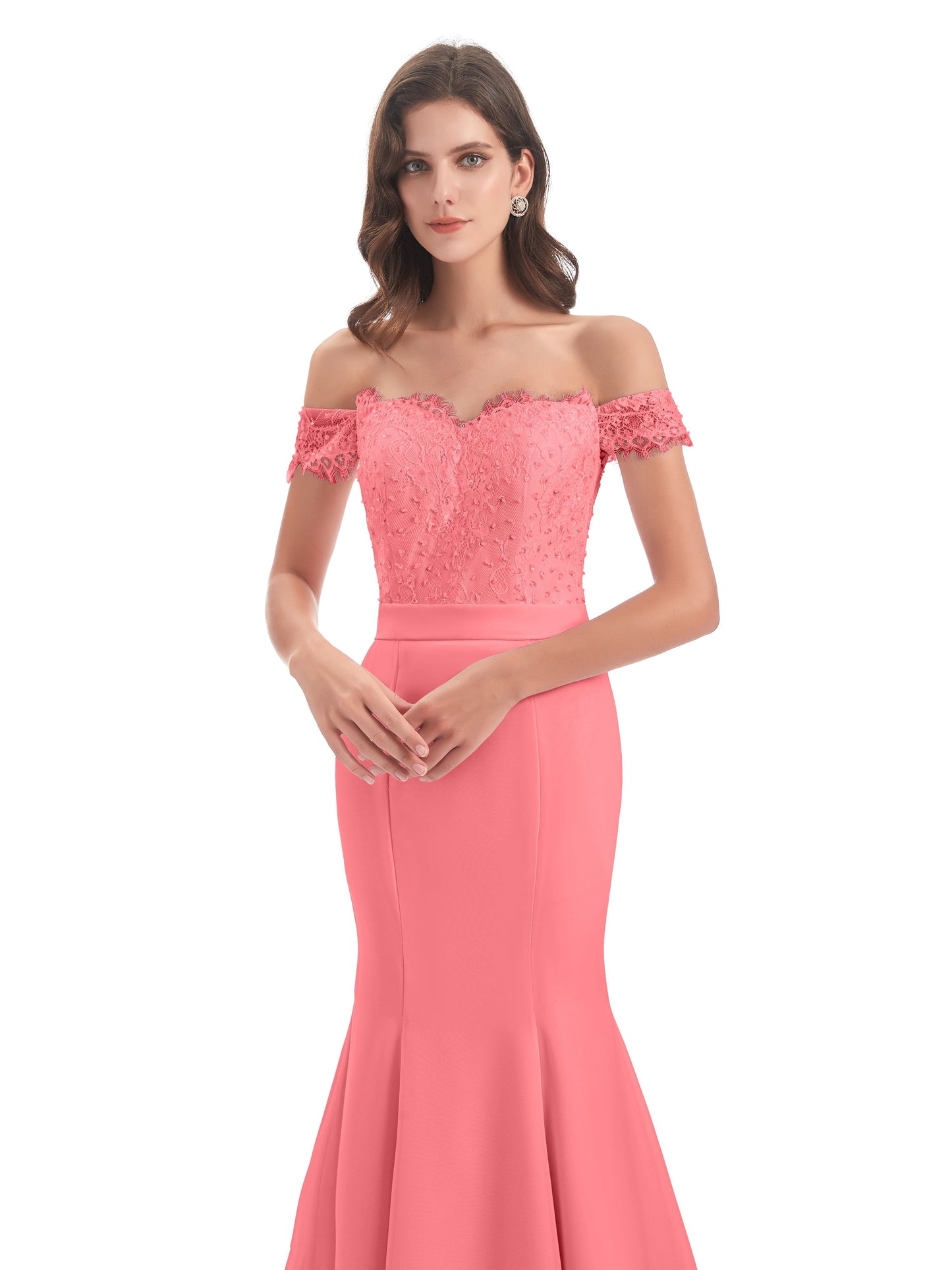Carlee Hourglass Court Train Off The Shoulder Lace Bridesmaid Dresses