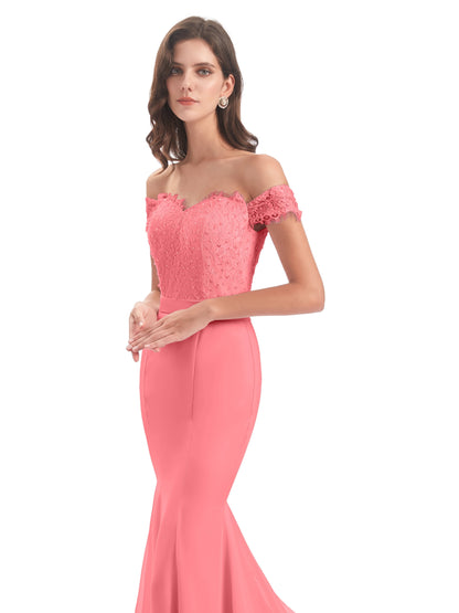 Carlee Hourglass Court Train Off The Shoulder Lace Bridesmaid Dresses