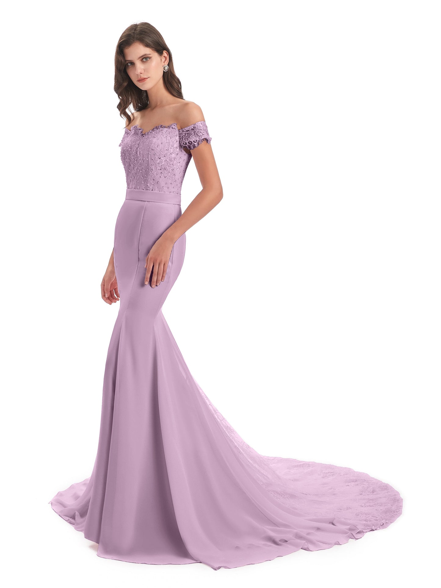 Carlee Hourglass Court Train Off The Shoulder Lace Bridesmaid Dresses