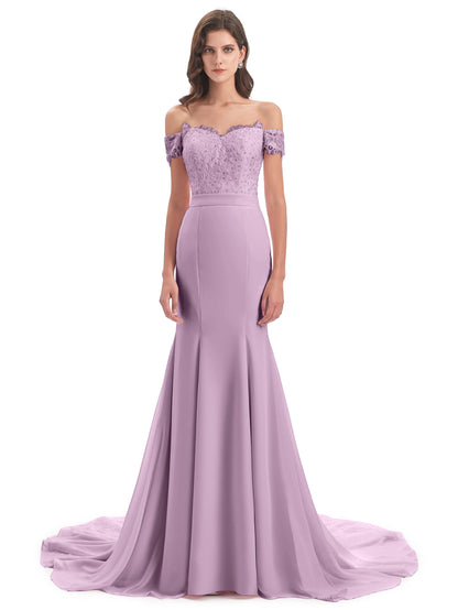 Carlee Hourglass Court Train Off The Shoulder Lace Bridesmaid Dresses