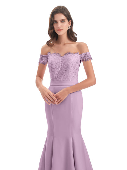 Carlee Hourglass Court Train Off The Shoulder Lace Bridesmaid Dresses