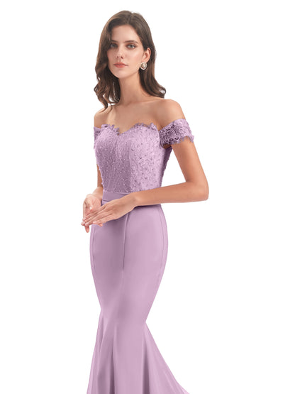 Carlee Hourglass Court Train Off The Shoulder Lace Bridesmaid Dresses