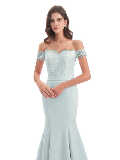 Carlee Hourglass Court Train Off The Shoulder Lace Bridesmaid Dresses