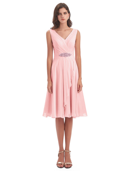 Caylee Knee Length V-neck Asymmetrical Chiffon Bridesmaid Dresses