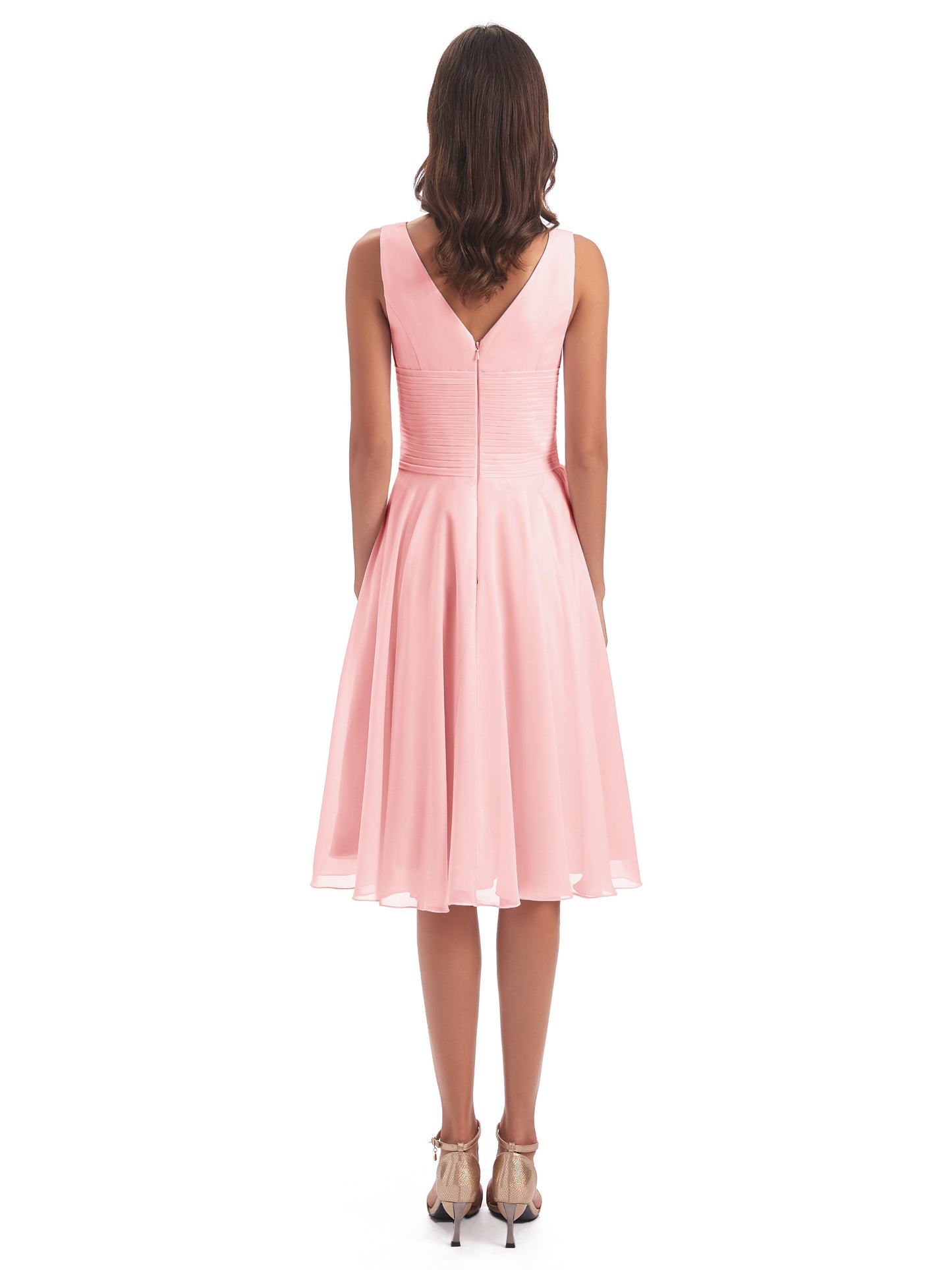 Caylee Knee Length V-neck Asymmetrical Chiffon Bridesmaid Dresses