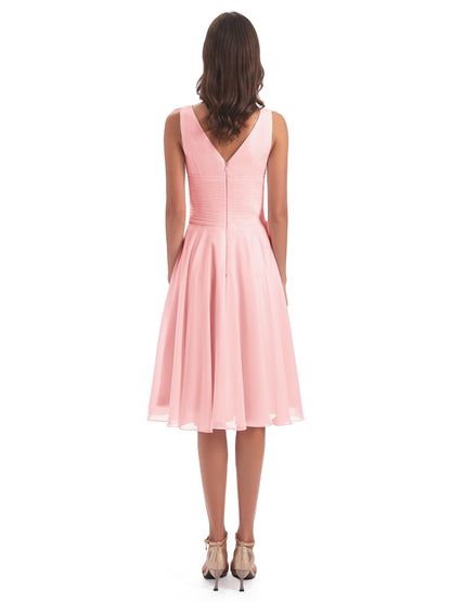 Caylee Knee Length V-neck Asymmetrical Chiffon Bridesmaid Dresses