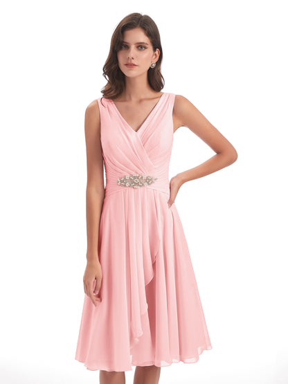 Caylee Knee Length V-neck Asymmetrical Chiffon Bridesmaid Dresses