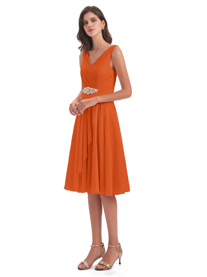 Caylee Knee Length V-neck Asymmetrical Chiffon Bridesmaid Dresses