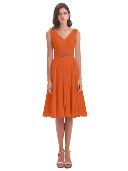 Caylee Knee Length V-neck Asymmetrical Chiffon Bridesmaid Dresses