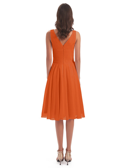 Caylee Knee Length V-neck Asymmetrical Chiffon Bridesmaid Dresses