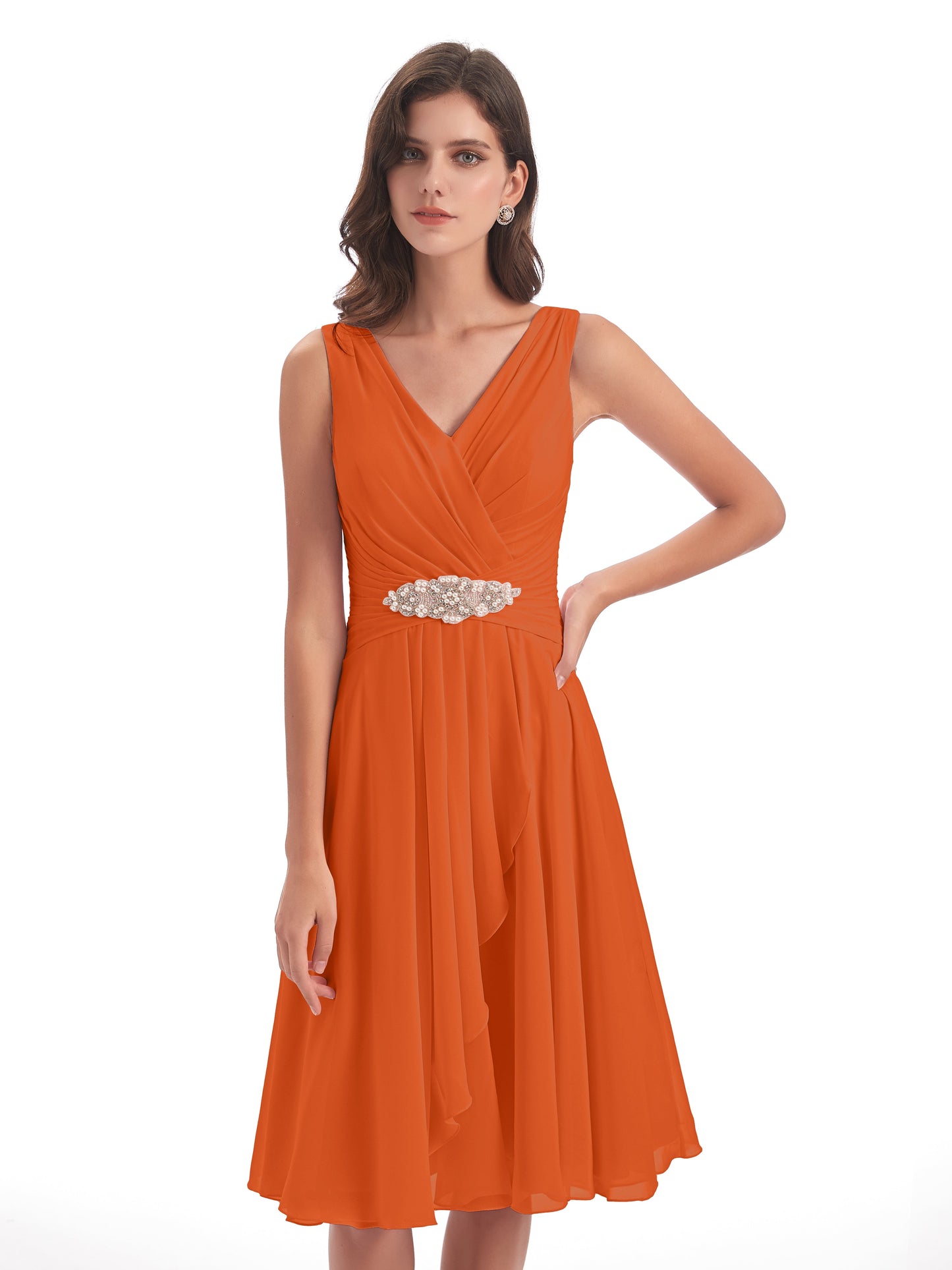 Caylee Knee Length V-neck Asymmetrical Chiffon Bridesmaid Dresses