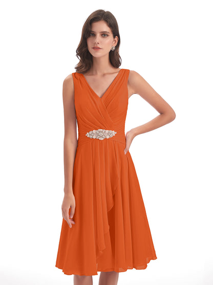 Caylee Knee Length V-neck Asymmetrical Chiffon Bridesmaid Dresses