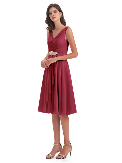 Caylee Knee Length V-neck Asymmetrical Chiffon Bridesmaid Dresses