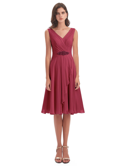 Caylee Knee Length V-neck Asymmetrical Chiffon Bridesmaid Dresses