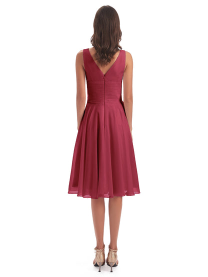 Caylee Knee Length V-neck Asymmetrical Chiffon Bridesmaid Dresses