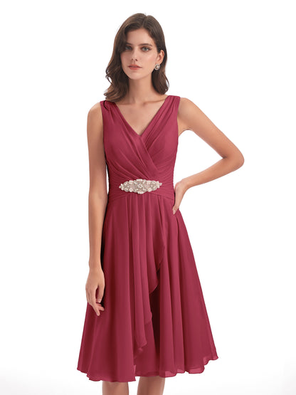 Caylee Knee Length V-neck Asymmetrical Chiffon Bridesmaid Dresses
