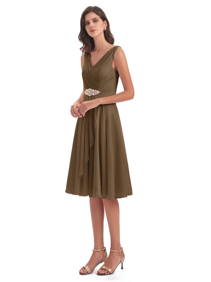 Caylee Knee Length V-neck Asymmetrical Chiffon Bridesmaid Dresses