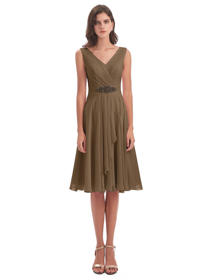 Caylee Knee Length V-neck Asymmetrical Chiffon Bridesmaid Dresses