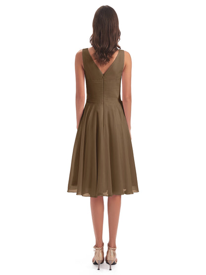 Caylee Knee Length V-neck Asymmetrical Chiffon Bridesmaid Dresses