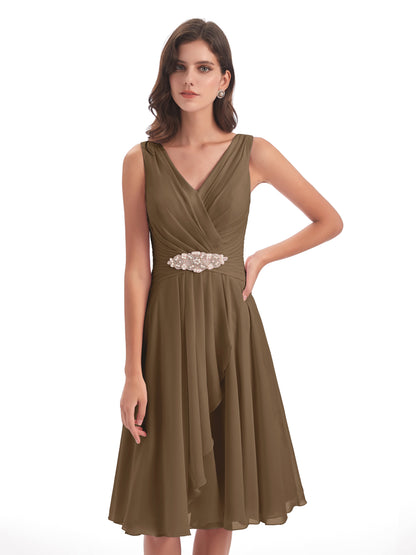 Caylee Knee Length V-neck Asymmetrical Chiffon Bridesmaid Dresses