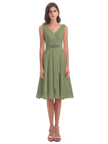 Caylee Knee Length V-neck Asymmetrical Chiffon Bridesmaid Dresses