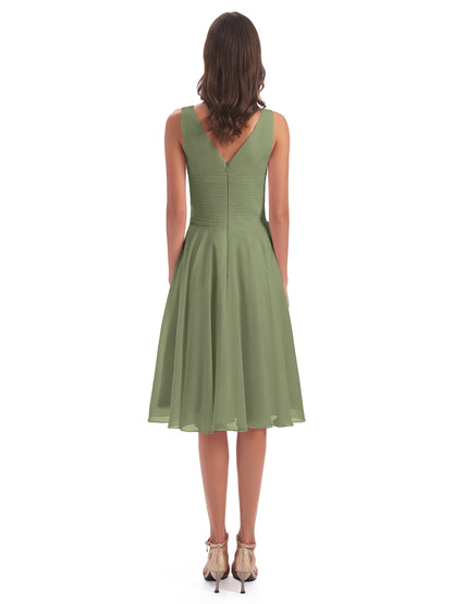 Caylee Knee Length V-neck Asymmetrical Chiffon Bridesmaid Dresses