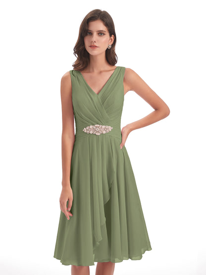 Caylee Knee Length V-neck Asymmetrical Chiffon Bridesmaid Dresses