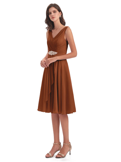 Caylee Knee Length V-neck Asymmetrical Chiffon Bridesmaid Dresses