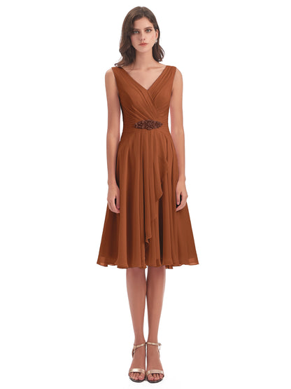 Caylee Knee Length V-neck Asymmetrical Chiffon Bridesmaid Dresses